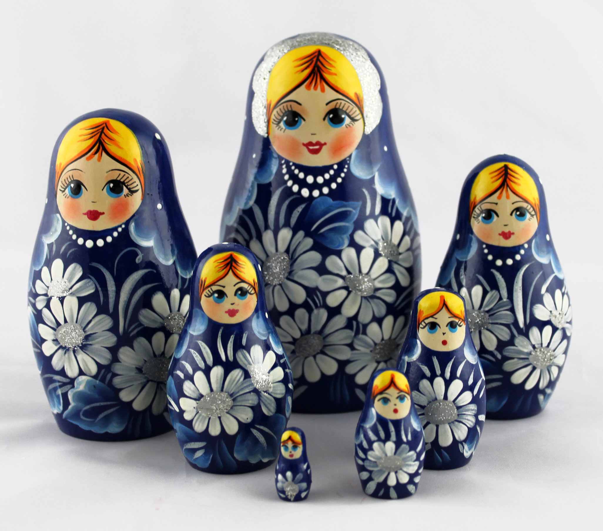 Blue Decor Russian Matryoshka Dolls Set of 7 pcs Hand Painted Russian Dolls Nesting Dolls Russian Dolls in Sarafan Dress with Chamomile Flowers 